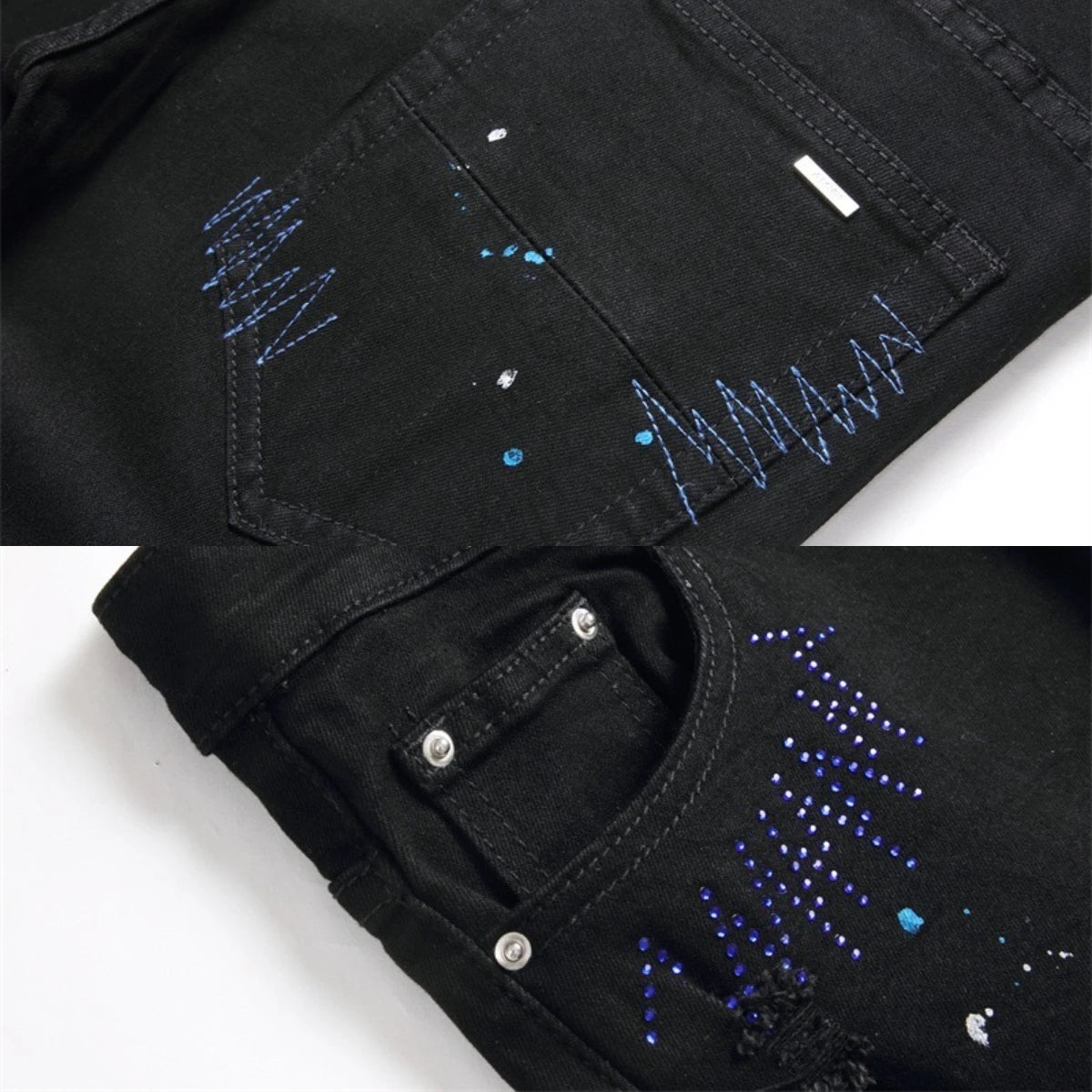 Jeans Diamond Cross pour hommes, pieds perforés, épissure en cuir réfléchissant, brillant, usé, broderie, pantalon, doublure en soie, luxe High Street 2