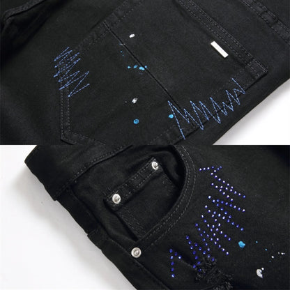 Jeans Diamond Cross pour hommes, pieds perforés, épissure en cuir réfléchissant, brillant, usé, broderie, pantalon, doublure en soie, luxe High Street 2