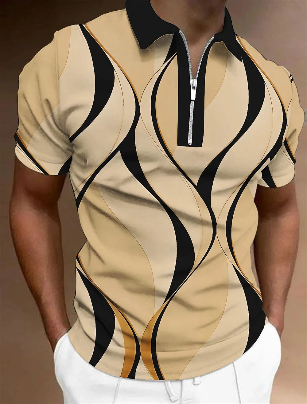 Polo à revers zippé pour homme Polos de golf Imprimés graphiques Géométrie Linéaire Rabattu Manches courtes Fermeture éclair Vêtements Hauts Designer