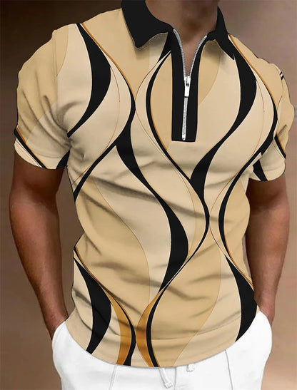 Polo à revers zippé pour homme Polos de golf Imprimés graphiques Géométrie Linéaire Rabattu Manches courtes Fermeture éclair Vêtements Hauts Designer