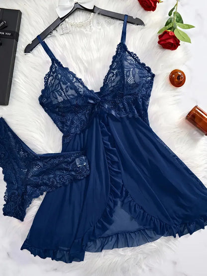 Un ensemble de chemise de nuit Ultra Sexy en Tulle, soutien-gorge à col en v, jupe de nuit ouverte, robe érotique pour femme, pyjama transparent, pantalon de Lingerie, kit de luxe