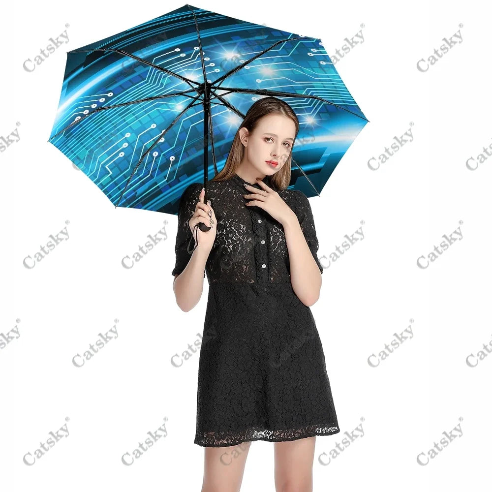 Parapluie d'art de circuit cybernétique du futur parapluie de pluie pour femmes parapluies entièrement automatiques à 3 volets protection solaire outil de voyage en plein air Parapluie