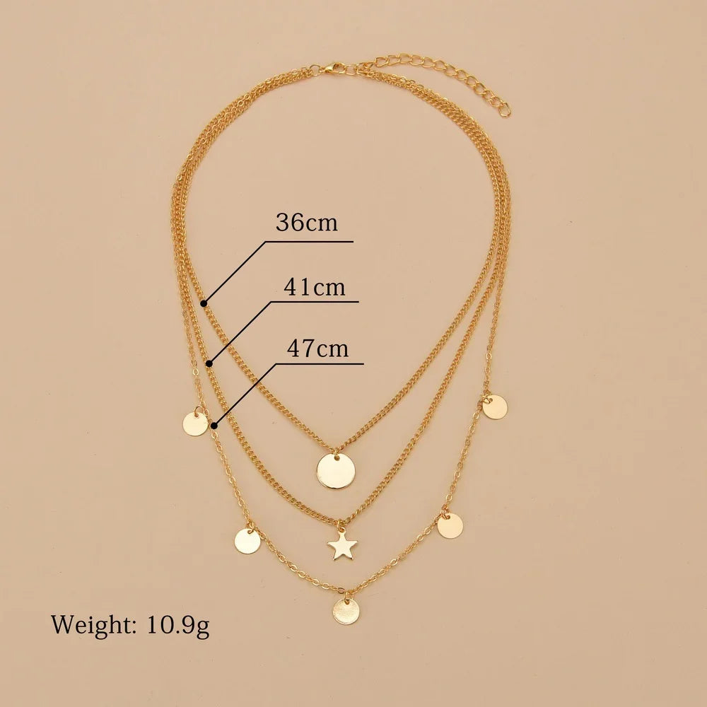 Collier avec pendentif en forme d'étoile ronde plaqué or pour femme, chaîne à plusieurs niveaux, style vintage, style bohème, punk, vente en gros