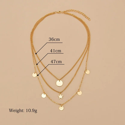 Collier avec pendentif en forme d'étoile ronde plaqué or pour femme, chaîne à plusieurs niveaux, style vintage, style bohème, punk, vente en gros