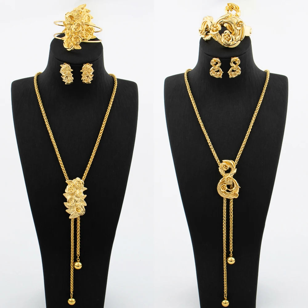 Ensemble de bijoux plaqué or pour femme collier réglable boucle d'oreille en cuivre en forme de fleur, bracelet et matiques, bijoux de mariage africains de Dubaï