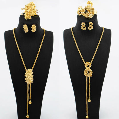 Ensemble de bijoux plaqué or pour femme collier réglable boucle d'oreille en cuivre en forme de fleur, bracelet et matiques, bijoux de mariage africains de Dubaï