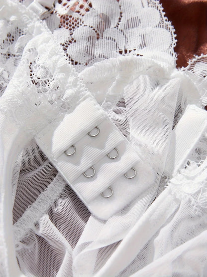 Blanc Sexy contraste dentelle et maille à volants nuisette robe de nuit femme chemise de nuit col en v soutien-gorge ouvert jupe de nuit nuisettes vêtements de nuit