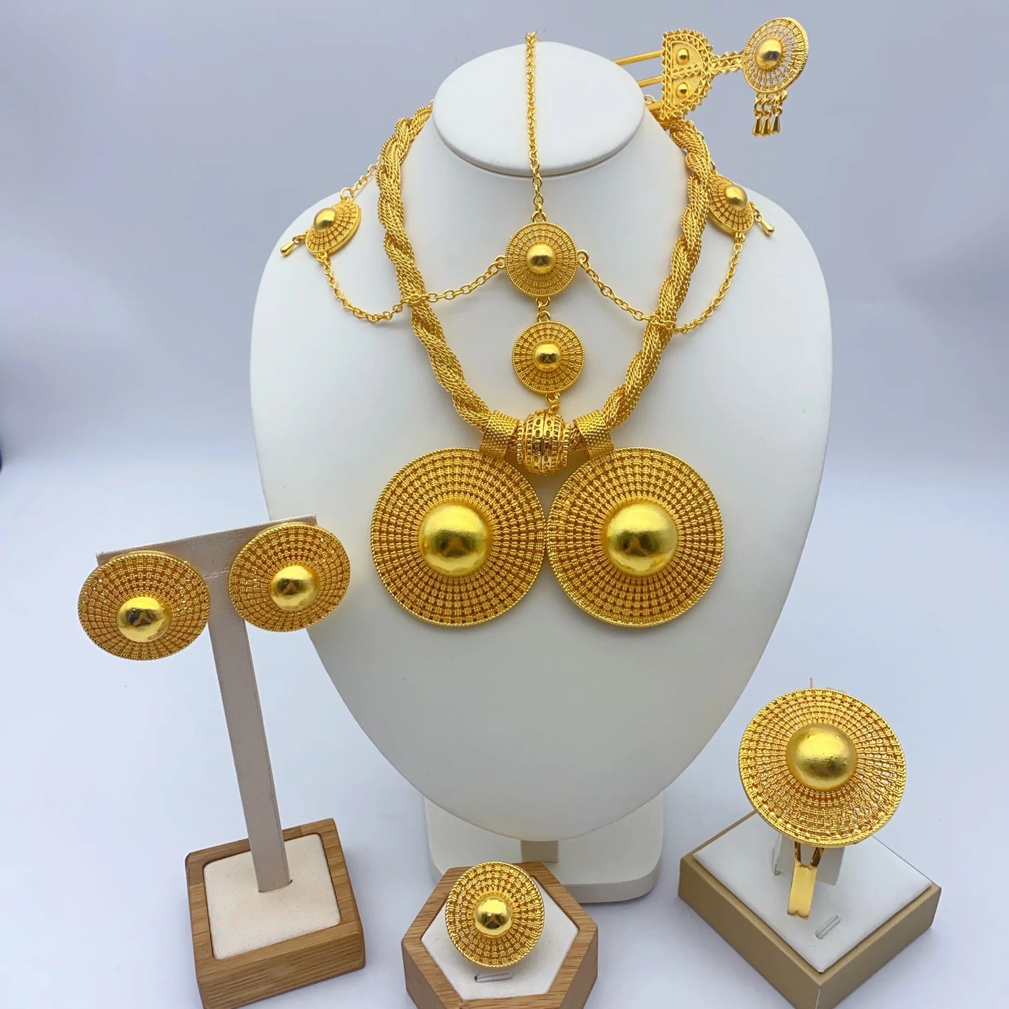 Ensemble de bijoux de mariage éthiopien de luxe pour femmes, couleur or 24 carats, 6 pièces, collier torsadé en forme de fleur de dubaï, cadeau