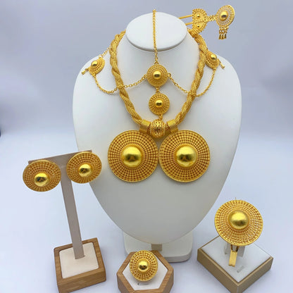 Ensemble de bijoux de mariage éthiopien de luxe pour femmes, couleur or 24 carats, 6 pièces, collier torsadé en forme de fleur de dubaï, cadeau