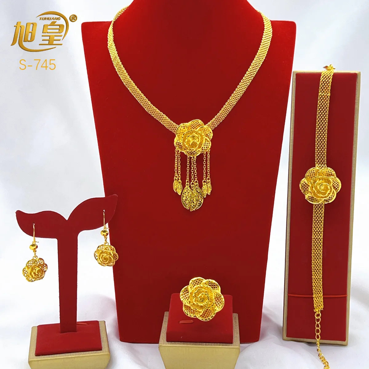 Femmes fleur gland collier boucles d'oreilles bague Bracelet mariée 4 pièces ensemble fine fleur/gland fluide, chaud 24K, AU999 double garantie