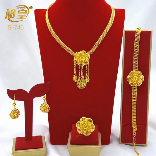 Femmes fleur gland collier boucles d'oreilles bague Bracelet mariée 4 pièces ensemble fine fleur/gland fluide, chaud 24K, AU999 double garantie