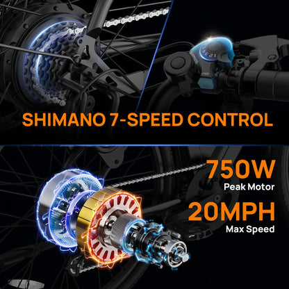 Pneus de vélo électrique 750W 26x2 pouces, 48V, 10,4 ah, écran LCD amovible, vitesse 20MPH, freins à disque hydrauliques à 7 vitesses pour adultes