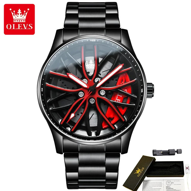 Montres-bracelets à quartz de sport OLEVS 9937 pour hommes, design de roue, montres à bracelet en acier inoxydable étanche de haute qualité pour hommes, lumineuses