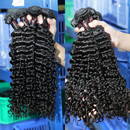 Lot de 3 extensions de cheveux bouclés de couleur noire naturelle à tissage en eau profonde, double trame, 100 % cheveux humains brésiliens Remy