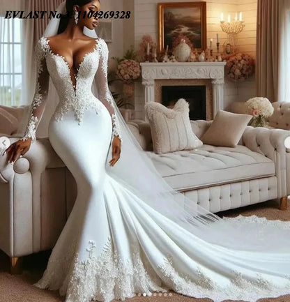 EVLAST personnalisé élégant sirène robe De mariée dentelle Applique cristal perlé à manches longues robe De mariée robes De Novia E3W02