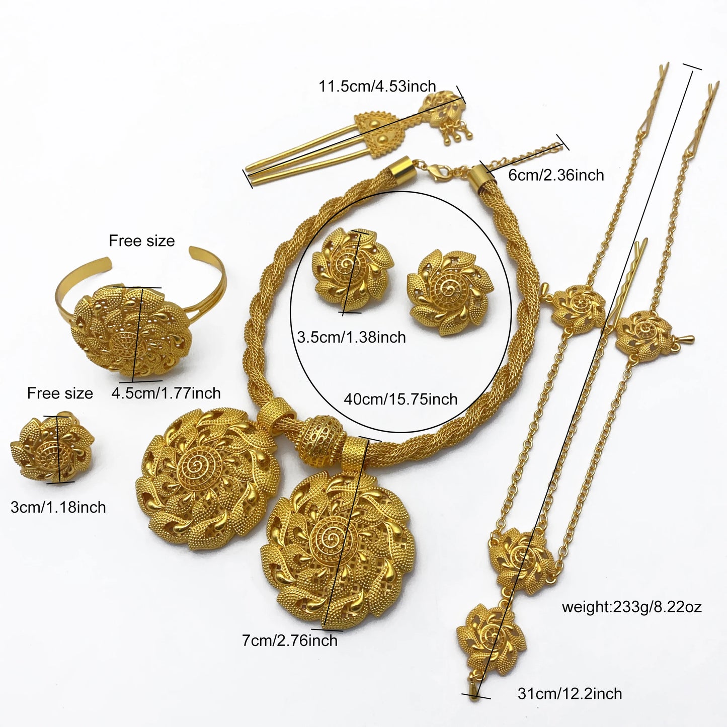 Ensemble de bijoux de mariage éthiopien de luxe pour femmes, couleur or 24 carats, 6 pièces, collier torsadé en forme de fleur de dubaï, cadeau