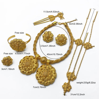 Ensemble de bijoux de mariage éthiopien de luxe pour femmes, couleur or 24 carats, 6 pièces, collier torsadé en forme de fleur de dubaï, cadeau