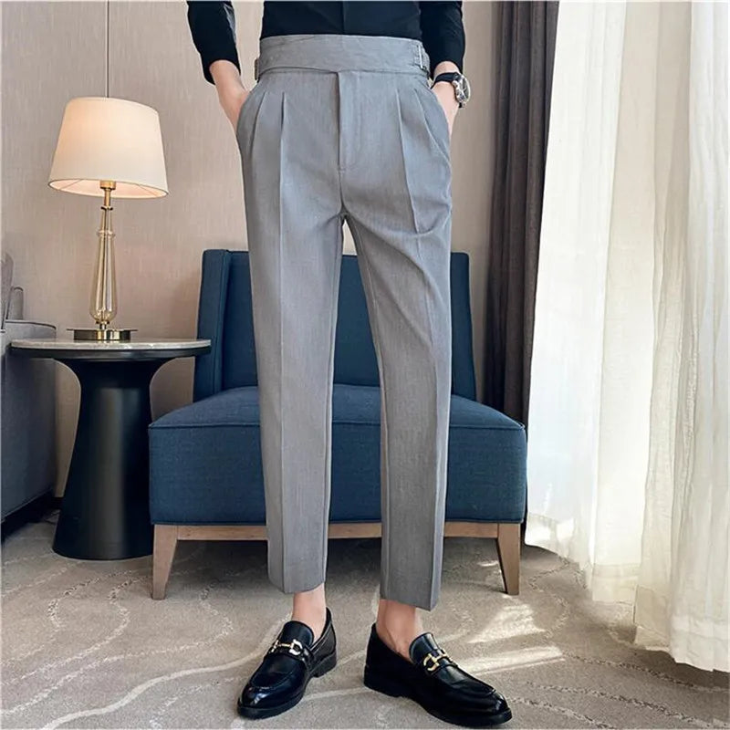 Pantalon décontracté taille haute de style britannique pour hommes, pantalon slim avec ceinture, tenue de soirée formelle pour bureau, mariage