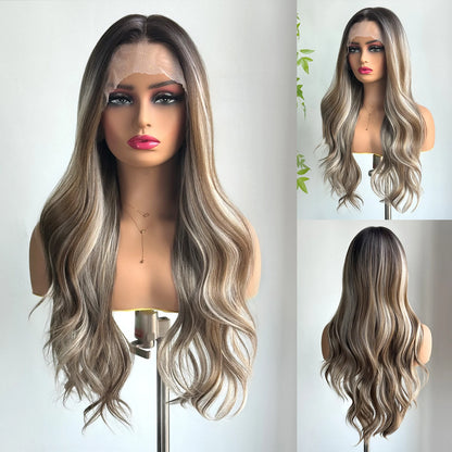 Charm Source 13x6 Perruque en dentelle longue ondulée brune avec racines foncées pour femme, perruque de fête quotidienne, cosplay, mariage, haute densité