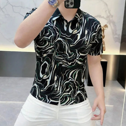 Chemise tendance d'été en soie glacée à motif floral pour homme, élastique, respirante, à manches courtes, décontractée, pour affaires, soirées et occasions habillées