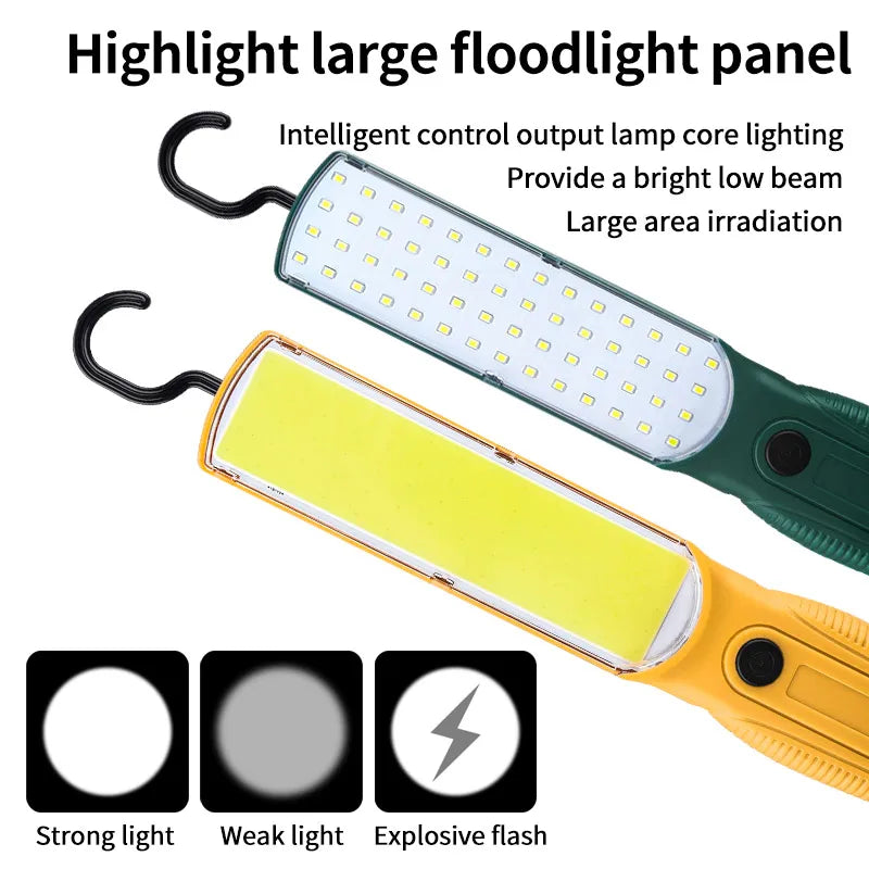 Lampe de travail LED COB forte, projecteur portatif, Rechargeable par USB, lampe de poche d'urgence pour réparation de Camping, avec crochet magnétique