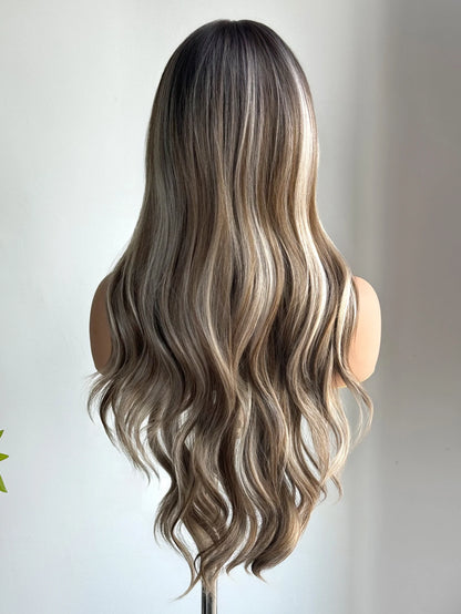 Charm Source 13x6 Perruque en dentelle longue ondulée brune avec racines foncées pour femme, perruque de fête quotidienne, cosplay, mariage, haute densité