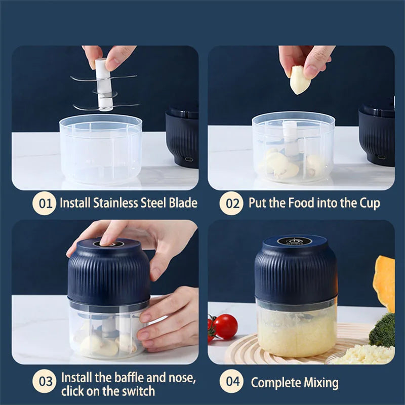 Hacheur de légumes électrique sans fil rechargeable par USB mini 250 ml, presse-ail, hachoir alimentaire pour gadgets de cuisine pour l'ail