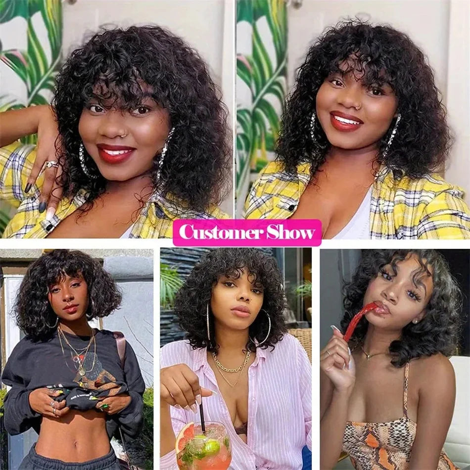 Perruque de cheveux humains courte ondulée Pixie Cut Bob avec frange Perruques complètes pour femmes noires Remy Perruque Cheveux Humain Bouclés