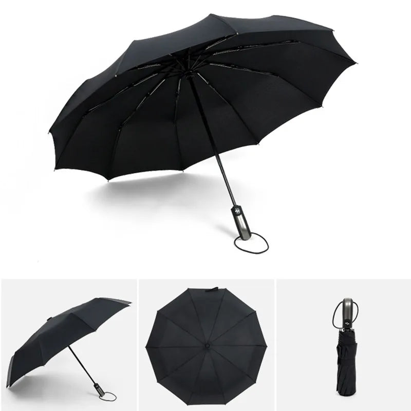 Grand parapluie entièrement automatique et résistant, pliable, pour homme et femme, idéal pour les affaires, le travail ou la pluie