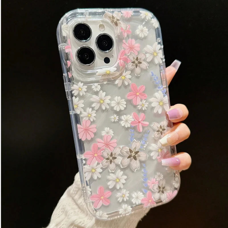 Pink Flower Patterned Shockproof Phone Case For iPhone 14 13 11 12 15 16 Pro Max 7 8 Plus XR X XS Max Clear Air Cushion Cover