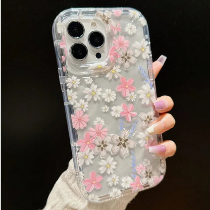 Pink Flower Patterned Shockproof Phone Case For iPhone 14 13 11 12 15 16 Pro Max 7 8 Plus XR X XS Max Clear Air Cushion Cover