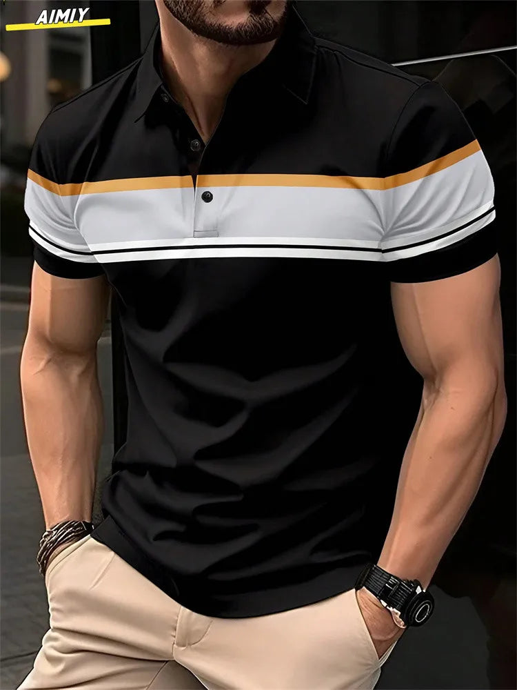 Polo à revers zippé pour homme Polos de golf Imprimés graphiques Géométrie Linéaire Rabattu Manches courtes Fermeture éclair Vêtements Hauts Designer