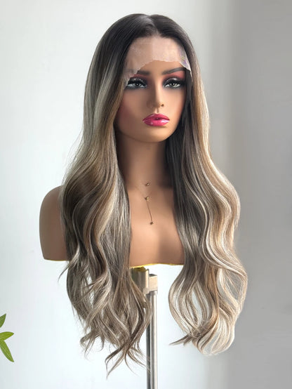 Charm Source 13x6 Perruque en dentelle longue ondulée brune avec racines foncées pour femme, perruque de fête quotidienne, cosplay, mariage, haute densité