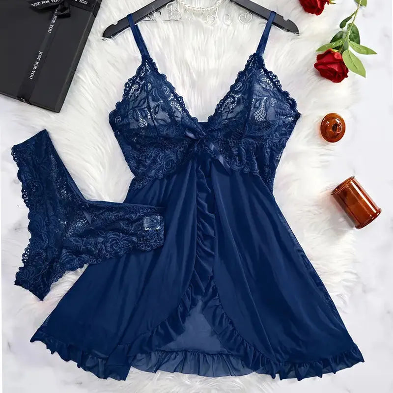Un ensemble de chemise de nuit Ultra Sexy en Tulle, soutien-gorge à col en v, jupe de nuit ouverte, robe érotique pour femme, pyjama transparent, pantalon de Lingerie, kit de luxe