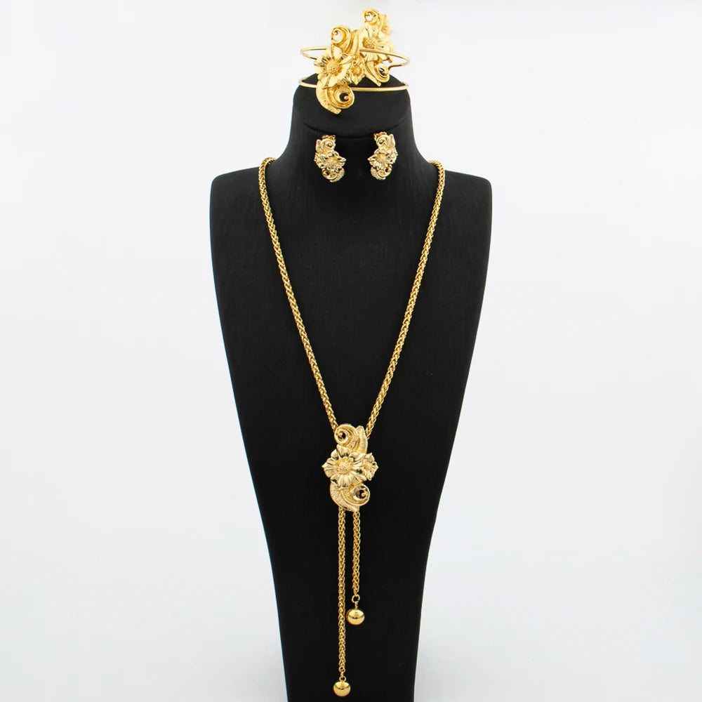 Ensemble de bijoux plaqué or pour femme collier réglable boucle d'oreille en cuivre en forme de fleur, bracelet et matiques, bijoux de mariage africains de Dubaï