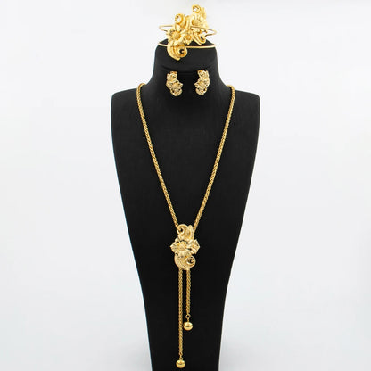 Ensemble de bijoux plaqué or pour femme collier réglable boucle d'oreille en cuivre en forme de fleur, bracelet et matiques, bijoux de mariage africains de Dubaï