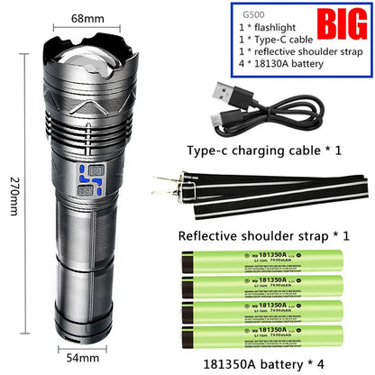Projecteur Super lumineux lampe de poche longue portée tactique Zoomable torche d'urgence USB C charge 72H Endurance avec indicateur de puissance
