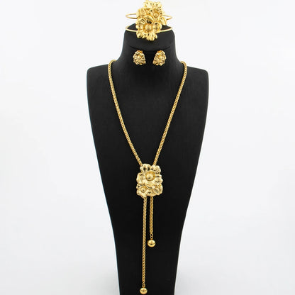 Ensemble de bijoux plaqué or pour femme collier réglable boucle d'oreille en cuivre en forme de fleur, bracelet et matiques, bijoux de mariage africains de Dubaï
