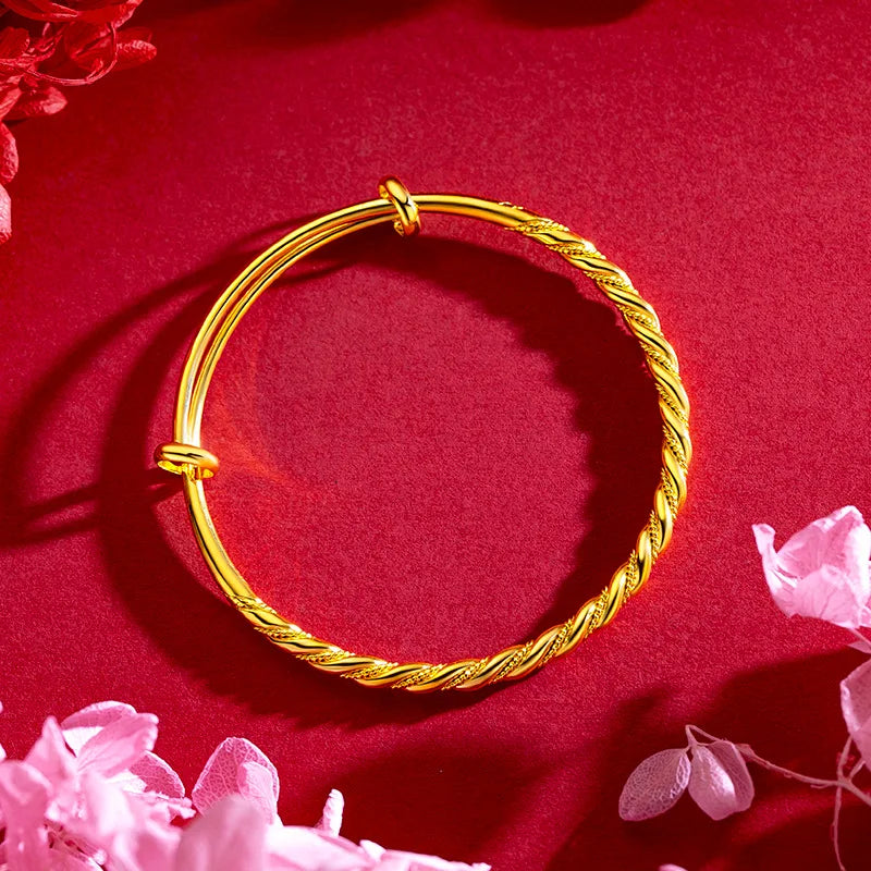 Bracelets en or jaune pur 18 carats pour femmes, torsadé réglable en pâte frite, bijoux de luxe pour fête de mariage, tendance, 999