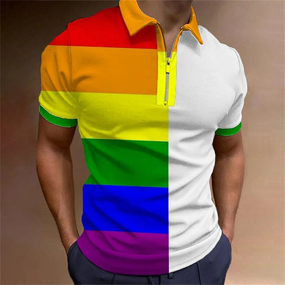 Polo arc-en-ciel pour hommes, haut de golf à imprimé coloré, t-shirt tendance, décontracté, de haute qualité, vêtements pour hommes, ample, surdimensionné, zippé