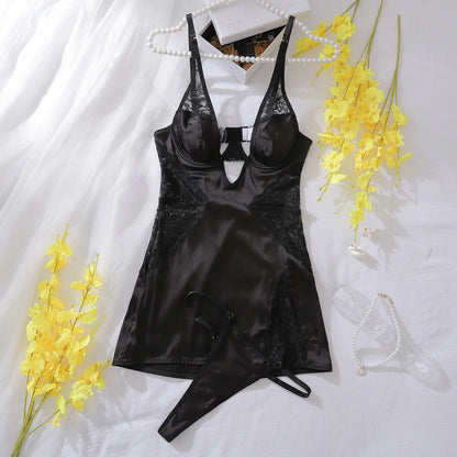 AVELINE 2025 nouveau dentelle Patchwork dames ensemble de soutien-gorge Sexy érotique coupe basse luxe français chemise de nuit fendu fronde deux pièces ensemble