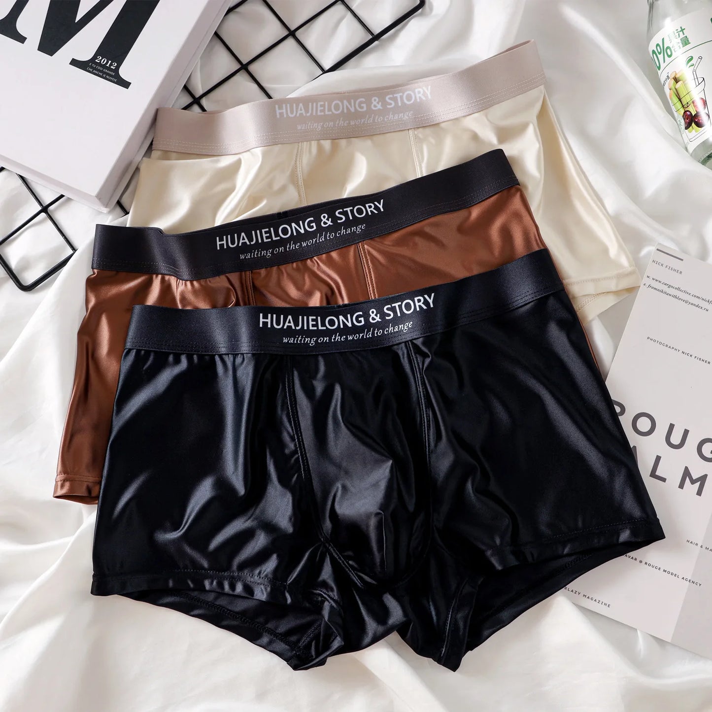 1/3 pièces respirant mince Satin soie Boxer slips sans couture taille moyenne glace soie boxeurs caleçons sous-vêtements lisses pour hommes quotidien