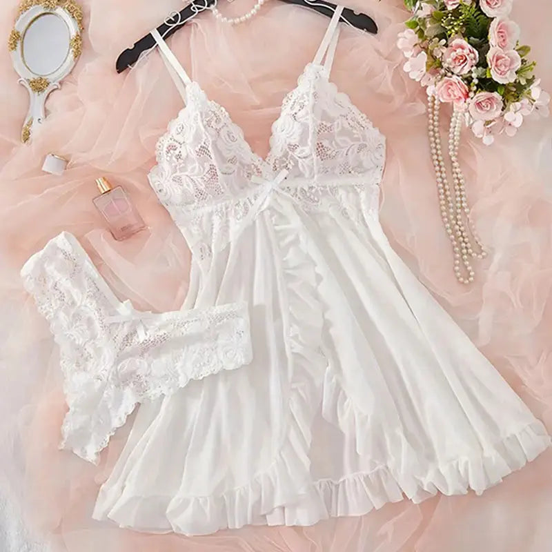 Ensemble pyjama transparent, chemise de nuit string, pour femme Sexy, robe de nuit d'été, Ultra-fin, vêtements de nuit en dentelle, Lingerie à bretelles