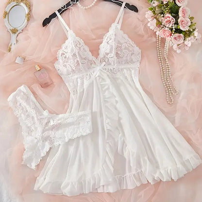 Ensemble pyjama transparent, chemise de nuit string, pour femme Sexy, robe de nuit d'été, Ultra-fin, vêtements de nuit en dentelle, Lingerie à bretelles
