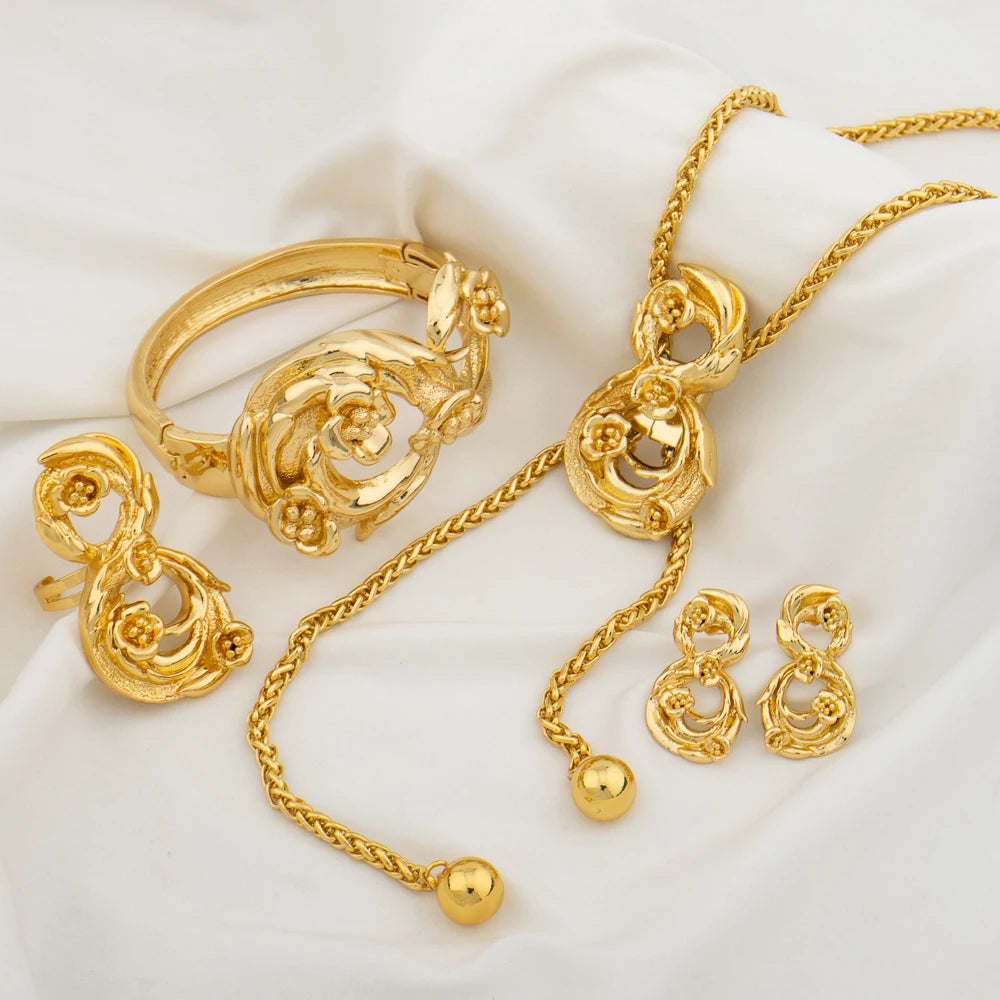 Ensemble de bijoux plaqué or pour femme collier réglable boucle d'oreille en cuivre en forme de fleur, bracelet et matiques, bijoux de mariage africains de Dubaï