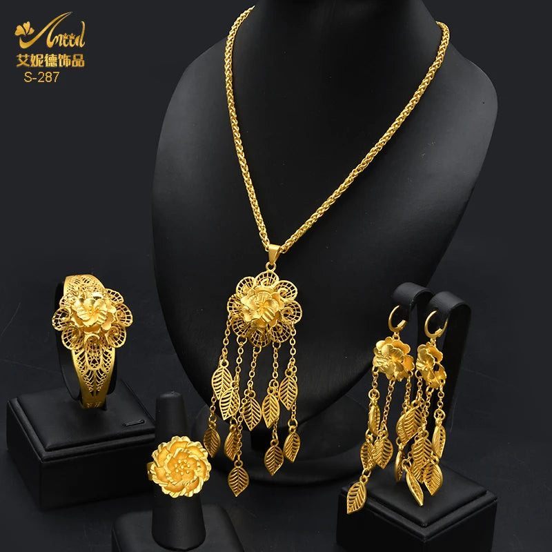 ANIID – ensemble de bijoux africains couleur or pour femmes, collier Long à fleurs indiennes, boucles d'oreilles, bijoux nigérians plaqués or 24K, mariage de dubaï