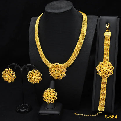 Femmes fleur gland collier boucles d'oreilles bague Bracelet mariée 4 pièces ensemble fine fleur/gland fluide, chaud 24K, AU999 double garantie
