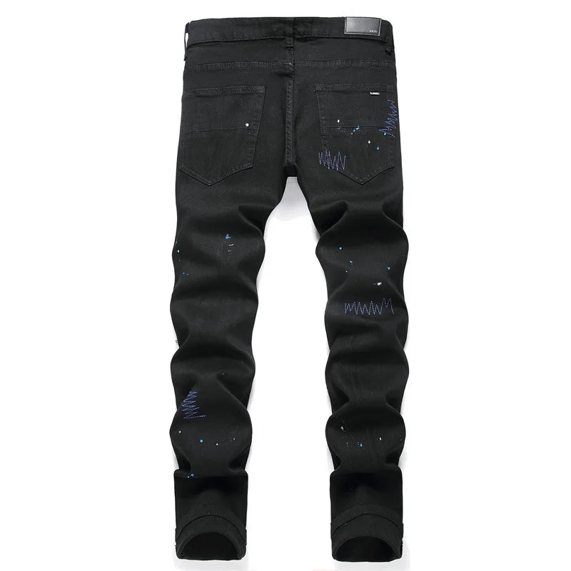 Jeans Diamond Cross pour hommes, pieds perforés, épissure en cuir réfléchissant, brillant, usé, broderie, pantalon, doublure en soie, luxe High Street 2