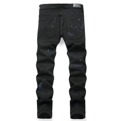 Jeans Diamond Cross pour hommes, pieds perforés, épissure en cuir réfléchissant, brillant, usé, broderie, pantalon, doublure en soie, luxe High Street 2