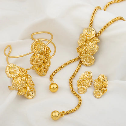 Ensemble de bijoux plaqué or pour femme collier réglable boucle d'oreille en cuivre en forme de fleur, bracelet et matiques, bijoux de mariage africains de Dubaï